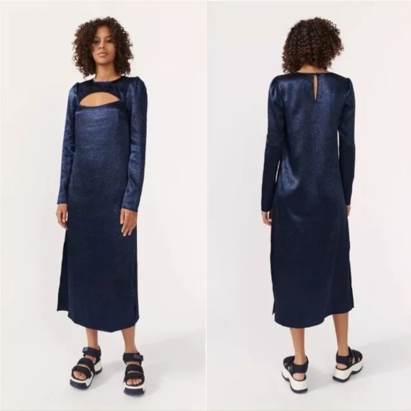 Baum Und Pferdgarten Aneto Crinkle Satin Cutout Long Sleeve‎ Midi Dress Navy38/8 - Picture 1 of 14